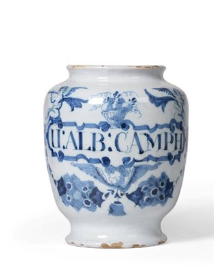 Lot 23 - An English Delft Drug Jar, possibly London, circa 1720, inscribed in blue U:ALB:CAMPH within a...