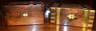 Lot 1191 - A brass bound walnut writing slope and a mahogany and mother-of-pearl inlaid stationary box