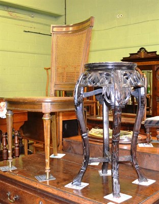 Lot 1312 - Chinese carved plant stand with marble top and single chair with cane seat and back