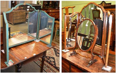 Lot 1325 - Green painted triptych dressing table mirror, another in walnut and an oval mahogany toilet mirror