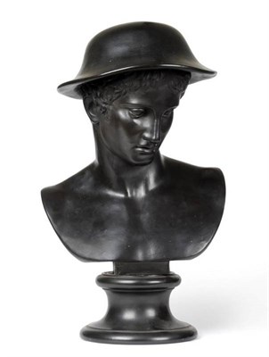 Lot 40 - A Wedgwood Black Basalt Library Bust of Hermes, 1875, on a circular socle, impressed marks,...