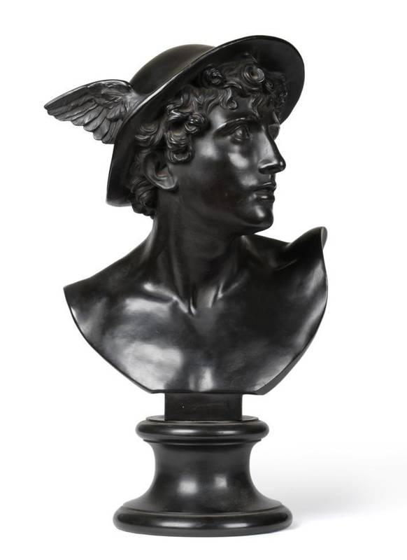 Lot 41 - A Wedgwood Black Basalt Library Bust of Mercury, 1870, on a circular socle, impressed marks,...