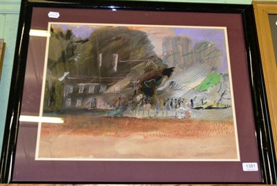 Lot 1381 - Richard Snowden, figures before a house, signed, mixed media