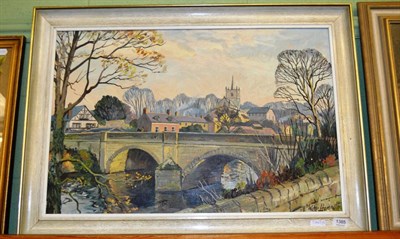 Lot 1385 - Walter Cecil Horsnell (1911-1997) A figure on horseback riding over Knaresborough bridge,...