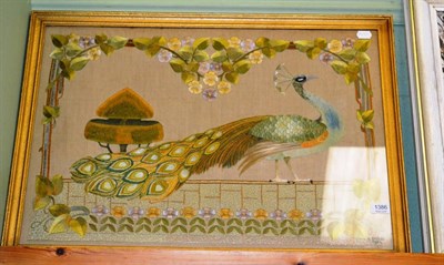 Lot 1386 - Gilt framed stylised silk embroidery of a peacock, signed A Hadley, 1924