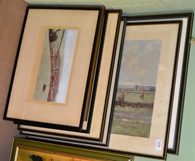 Lot 1424 - Hunting prints, textured print of hunt and a painting of horses (7)