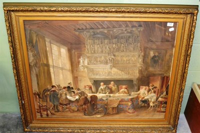 Lot 1425 - A 17th century style large interior scene, watercolour