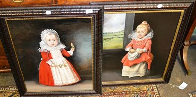 Lot 1427 - Pair of framed oils on board of Elizabethan Children by Julie Harris 1995