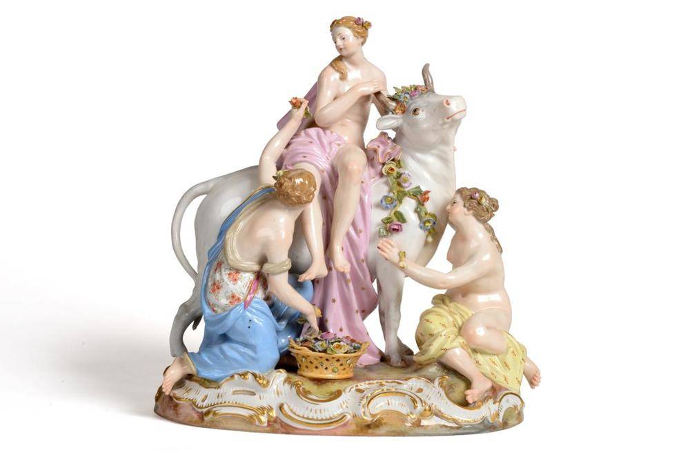 Lot 49 - A Meissen Porcelain Figure Group of Europa and the Bull, circa 1870, after the model by J J...