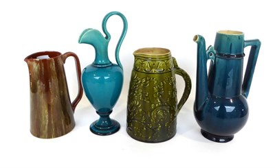 Lot 26 - 647 954 1888 1977 Four Linthorpe Pottery Jugs, turquoise, green and runny glazes, impressed factory