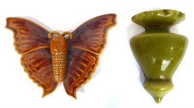 Lot 34 - 1204 1745 Two Linthorpe Pottery Spill Holder/Wall Vase, in the forms of a vase and a butterfly,...