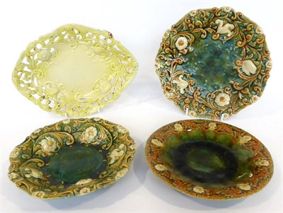 Lot 44 - 1835 1836 1885 1896 Four Linthorpe Pottery Dishes, all moulded with flowers, glazed in yellow,...