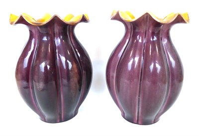 Lot 52 - 2122 A Pair of Linthorpe Pottery Vases, purple and mustard glaze, impressed factory marks Linthorpe