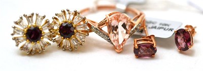 Lot 73 - A 9ct gold morganite and diamond ring, a pair of garnet earrings and a pair of garnet and white...