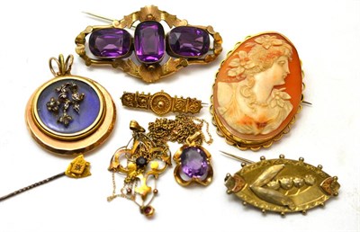 Lot 78 - A cameo brooch, a Victorian brooch, a stick pin, brooches, pendants etc