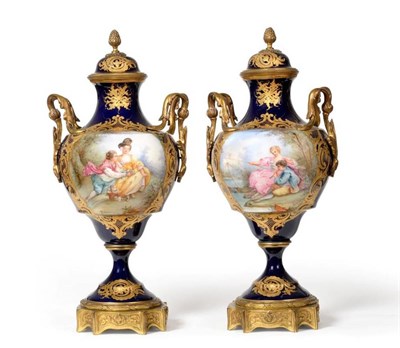 Lot 56 - A Pair of Gilt Metal Mounted Sèvres Style Vases and Covers, 19th century, of baluster form...