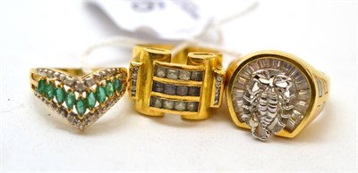 Lot 91 - A 9ct gold emerald and diamond wishbone ring and two stone set rings