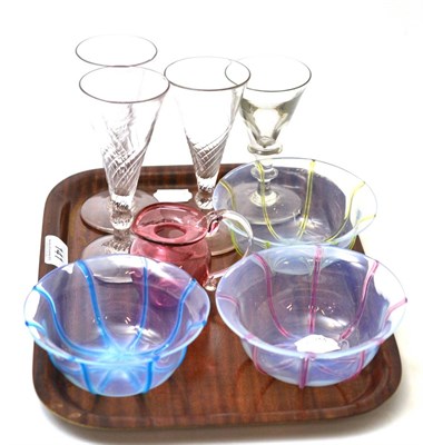 Lot 141 - A tray including three Vaseline glass finger bowls, four Georgian cordial glasses and a...