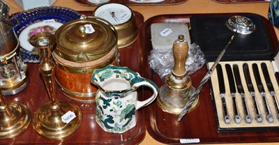 Lot 144 - A miner's lamp, a set of silver spoons, an oak biscuit barrel, costume jewellery, brass...