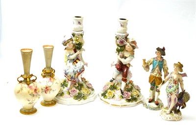 Lot 156 - A pair of Sitzendorf candle holders, two other Continental figures and a pair of Doulton...