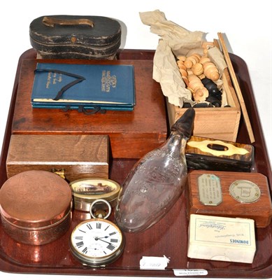 Lot 162 - A tray of collectables including paint box, Goliath pocket watch, chess set, dominoes, etc