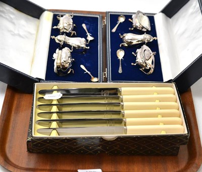 Lot 168 - Two cased silver condiment sets and two boxes of cutlery