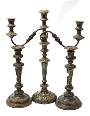 Lot 173 - A plated candelabra and two candlesticks