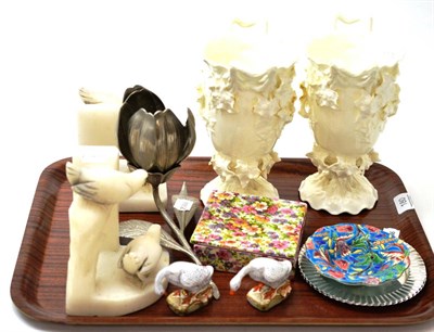 Lot 180 - Pair of Asprey silver dishes, alabaster bookends, ceramics, etc