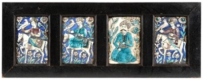 Lot 69 - Four Qajar Faience Tiles, 19th century, three moulded as figures on horseback holding hunting...