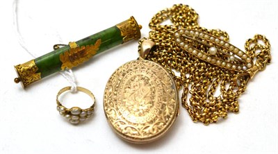 Lot 224 - A photo locket with attached yellow metal chain, split pearl brooch, gilt metal mounted brooch...