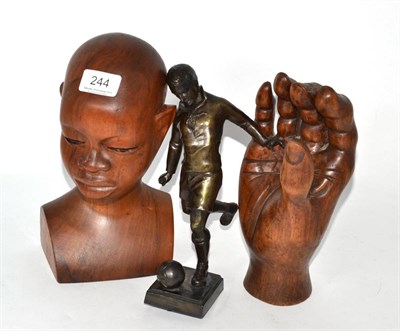 Lot 244 - A bronze statue of a footballer monogrammed to base KM, together with a wooden bust signed and...