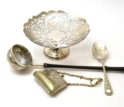 Lot 249 - A walrus ivory okimono, a silver mounted toddy ladle and three silver plated items