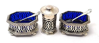 Lot 264 - A Victorian three piece cruet set, E S Barnsley & Co (Edward Souter Barnsley), Birmingham 1897