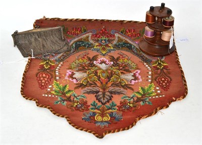 Lot 266 - Wool and beadwork banner, silver mesh evening purse and mahogany three tier bobbin stand (3)