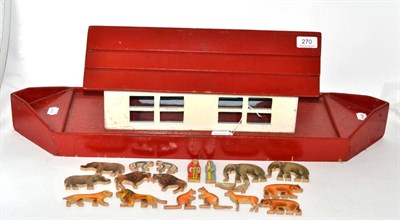 Lot 270 - Early 20th century red and white painted wooden Noah's Ark with some animals and figures