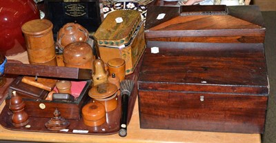 Lot 278 - Collection of treen including bobbin holders, pince-nez in a case, a spice tower, snuff boxes etc