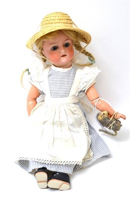 Lot 280 - Heubach Koppelsdorf '250' bisque socket head doll, with blond plaits, sleeping blue eyes, on a...