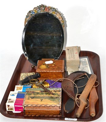 Lot 288 - Assorted coins and notes, champagne tap (in original box), brass mounted corkscrew, stamps, two...