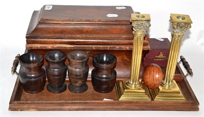 Lot 294 - A group of miscellaneous items including a pair of Corinthian column brass candlesticks, 19th...