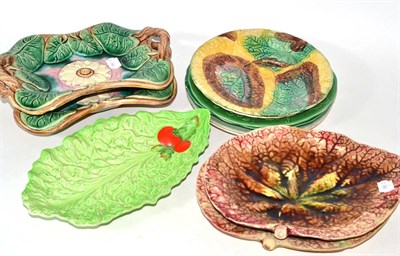 Lot 302 - A tray of majolica leaf plates including Carlton ware and Continental examples