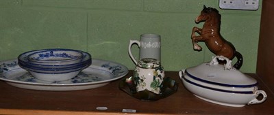 Lot 308 - Beswick figure of a rearing horse, blue and white meat plate, Doulton blue and white dishes,...