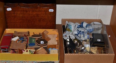 Lot 327 - Part dolls tea sets, plated wares, dolls umbrella, assorted pens, rules, dolls house furniture...