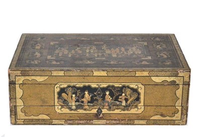 Lot 88 - A Chinese Export Lacquer Work Box, 19th century, of rectangular form decorated with panels of...