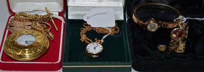 Lot 345 - A lady's 9ct gold wristwatch, signed Regency, gilt metal lady's wristwatch, pendant watch on a...