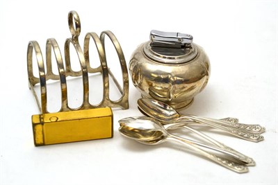 Lot 348 - Dunhill lighter, silver toast rack, teaspoons, etc