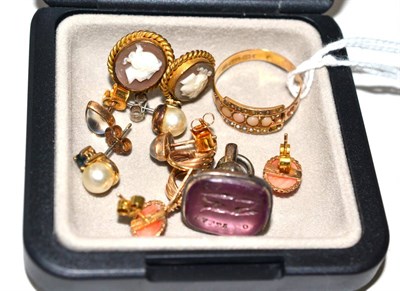 Lot 349 - Pair of 9ct gold cameo earrings, three other pairs, pair of twist drop earrings, 'Tally Ho'...