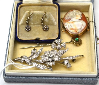 Lot 350 - A 9ct gold mounted hardstone cameo brooch, floral spray paste brooch with silver mount, stick...