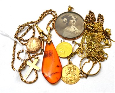 Lot 360 - An amber drop on chain, a 9ct gold ring, locket etc