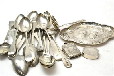 Lot 371 - A collection of assorted silver teaspoons including a set of five Newcastle spoons, a silver...