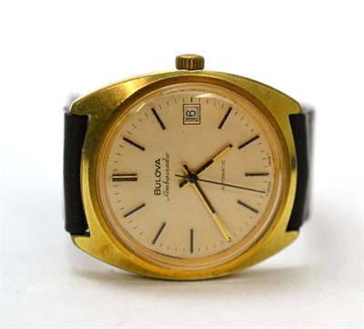 Lot 388 - A plated automatic calendar centre seconds wristwatch, signed Bulova, model: Ambassador